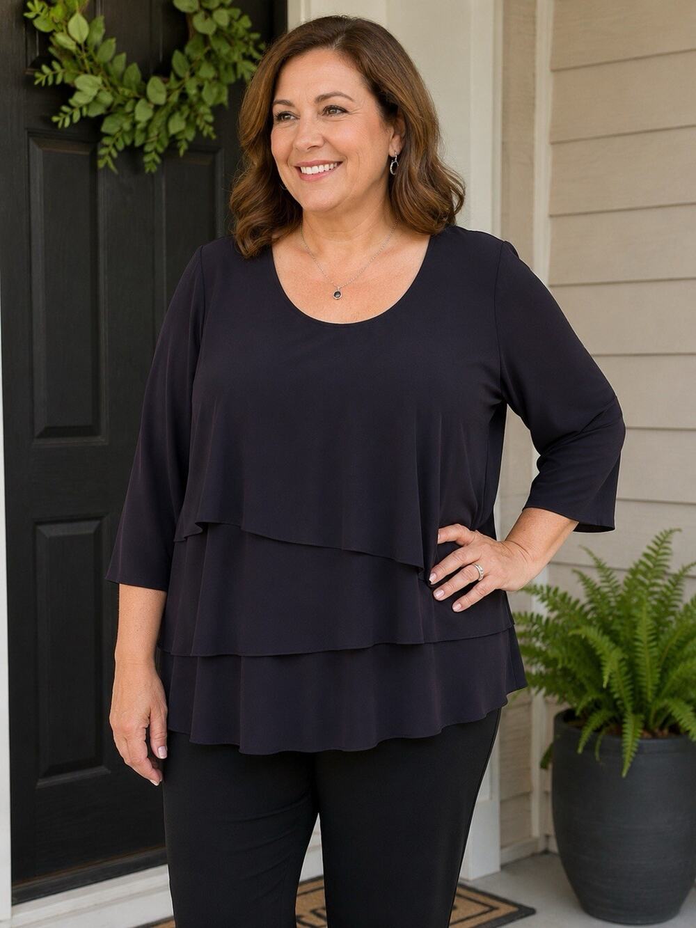 Susan Graver Tiered Ruffle Blouse Womens XL Black Liquid Knit 3/4 Sleeve Top